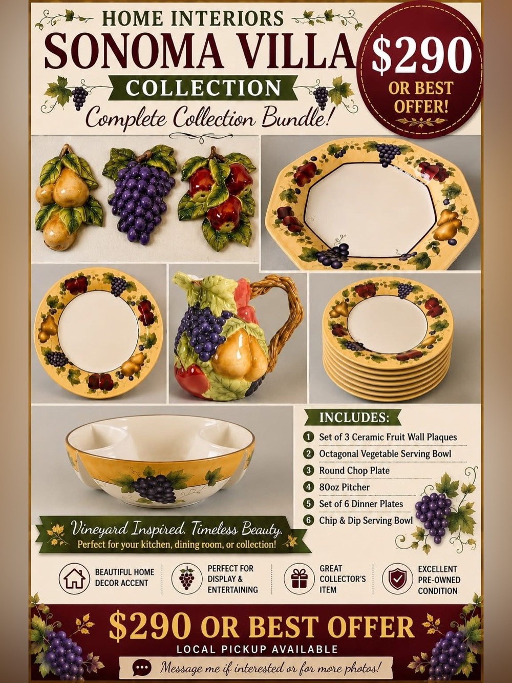 Home Interiors Ceramic Dinnerware Set in Yellow with Purple and Green Accents